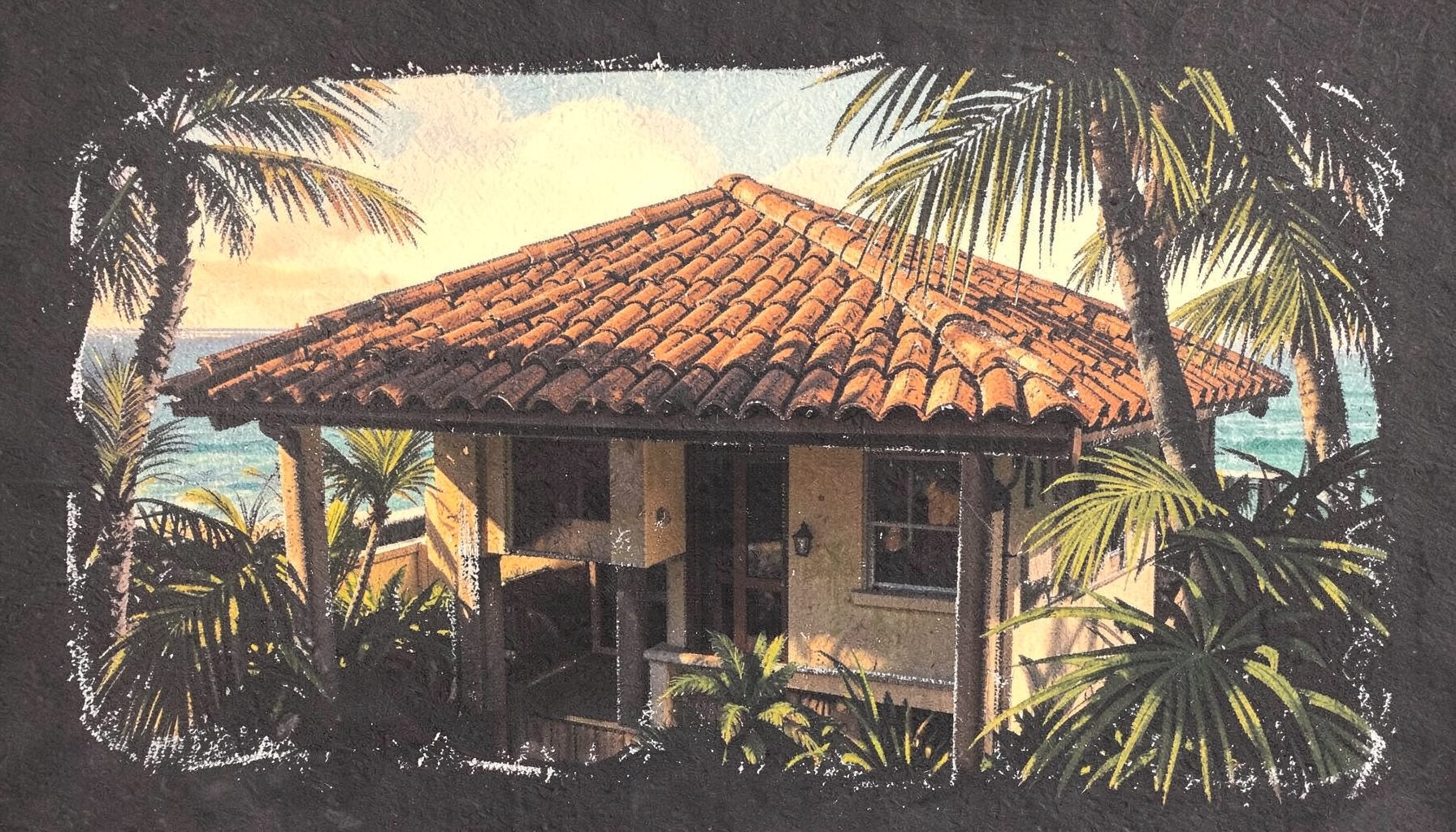 A sunlit coastal resort building with terracotta roof tiles, framed by tropical palm fronds and a glimpse of turquoise ocean beyond