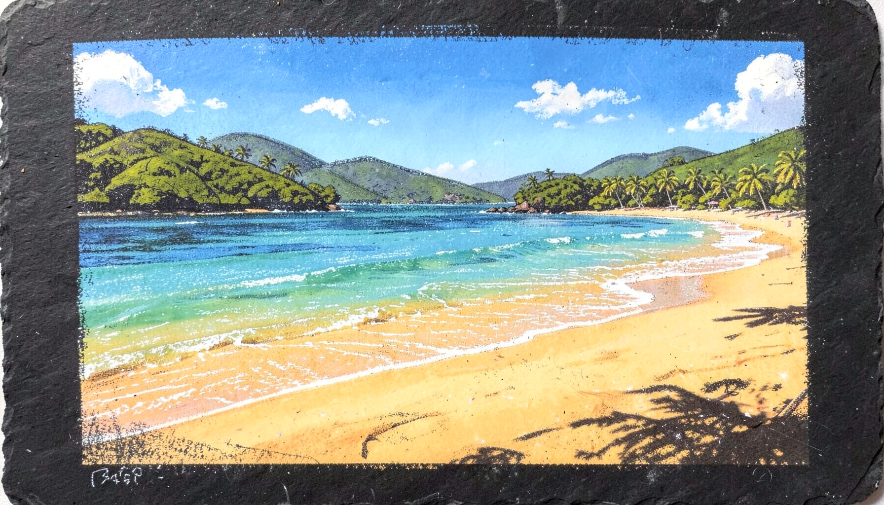 A sunlit view of a coastal Brazilian beach with golden sand, turquoise water, and green hills in the distance under a bright blue sky