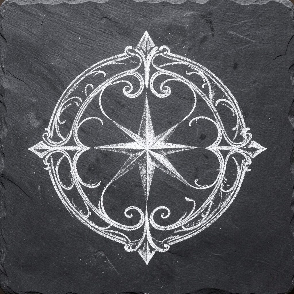 A decorative emblem drawn in white chalk on a dark slate board, featuring an ornate circular design with swirling flourishes